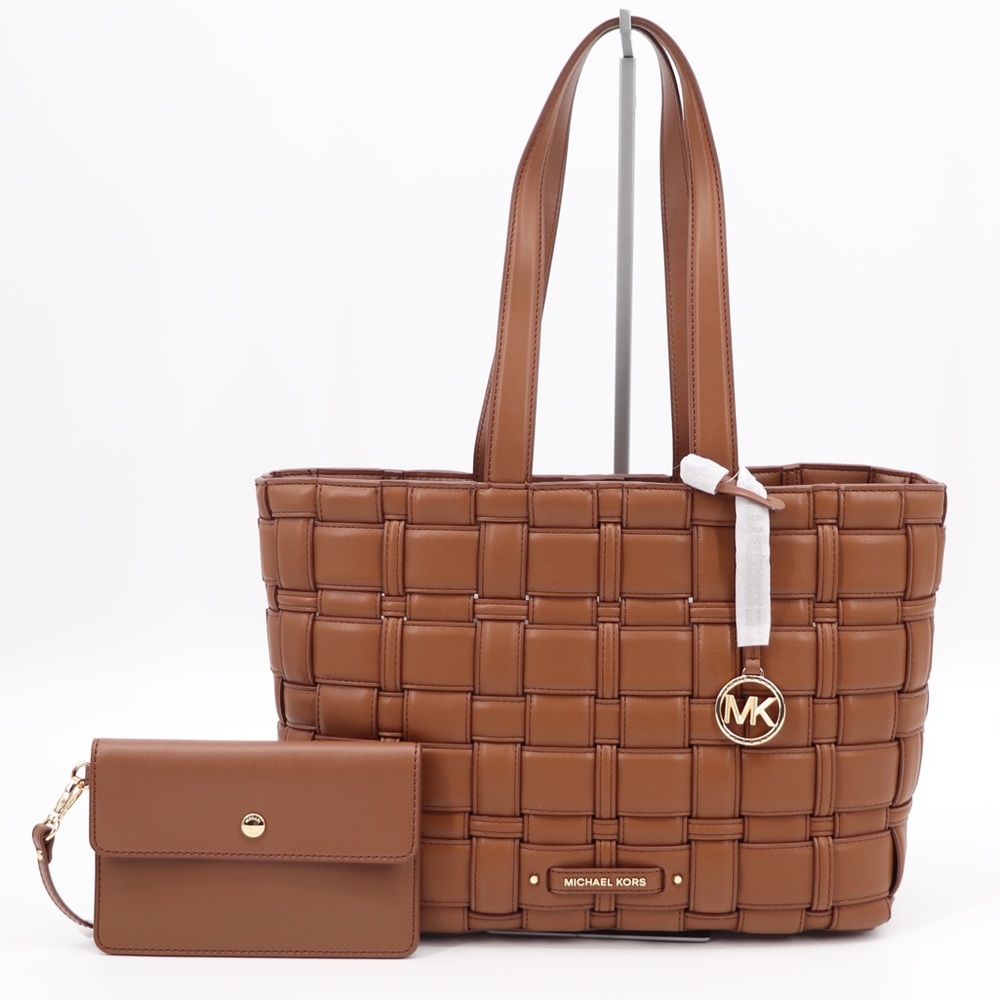 Michael Kors Ivy Medium East West Woven Faux Leather Tote and Snap Pouch